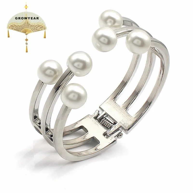 

Silver Stainless Steel Spring Switch Opening Bracelet Ladies Bracelet Bangle Wide 19mm 6PC Pearl Popular Cute Match
