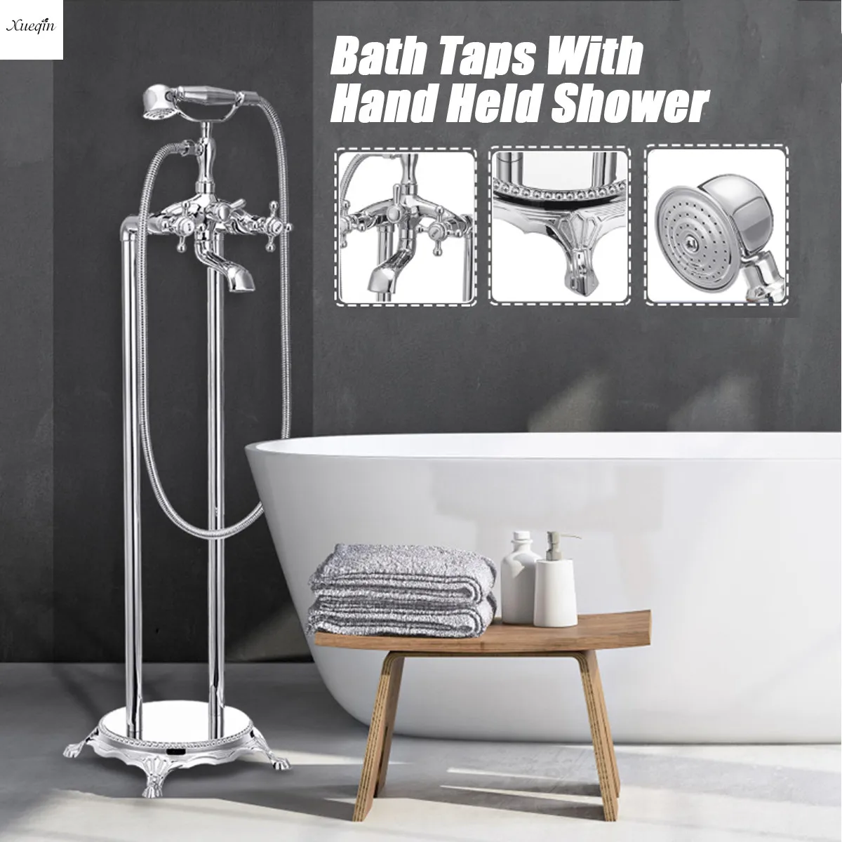 

Chrome Brass Polish Standing Floor Mounted Clawfoot Bathtub Mixer Tap Set Luxury Shower Faucets Bathroom Handshower Taps