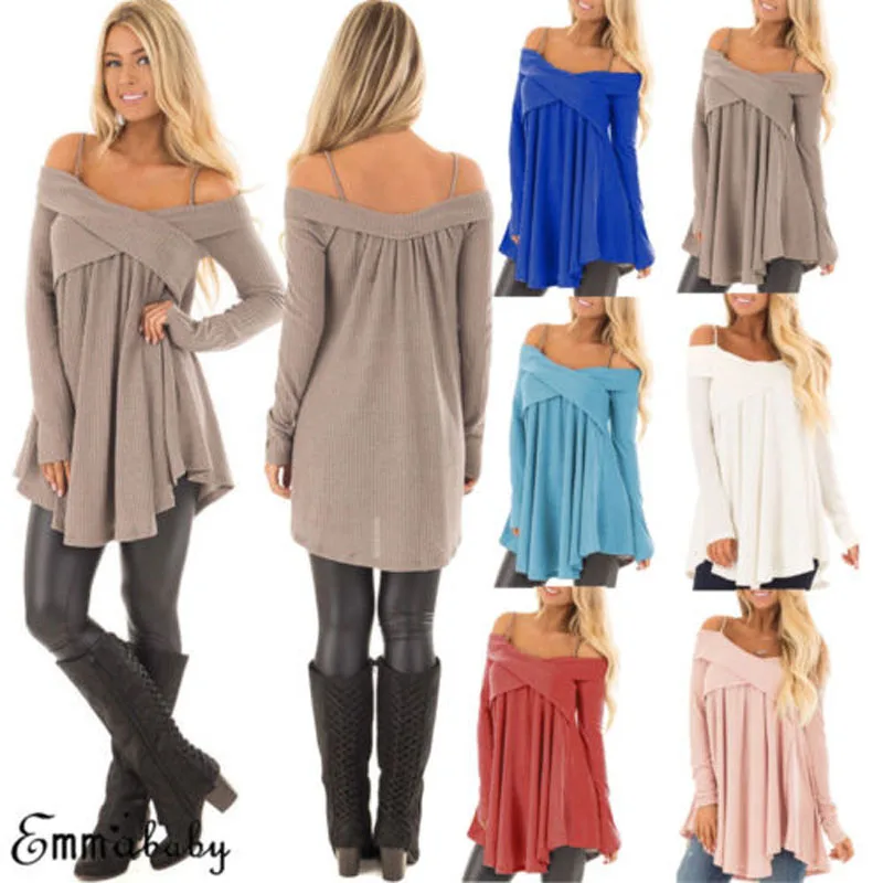 

2018 Brand New Fashion Top Women Off Shoulder Loose Long Sleeve White T-Shirt Casual Solid Gray Tops Knitted Shirts Plus
