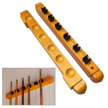 

6-Cue Wall Mount Wood Cue Rack Billiard Wall Rack Hardwood Cue Sticks Holder with Pool Cue Clips Wood/Coffee color Billiard rack