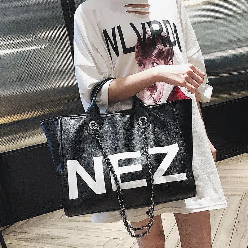 

Women's Bag 2018 New Fashion Korean Version Of The Letter Tote Bag Shoulder Diagonal Handbag Chain Casual Tote PU Leather Big