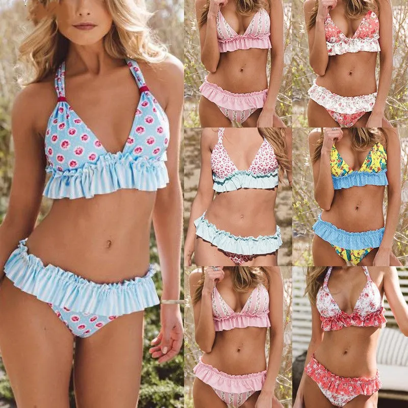 

2019 New Style Fashion Hot Sexy Women Ruffles Two-Piece Suits Bandage Print Push-Up Padded Swimwear Swimsuit Bathing Beachwear