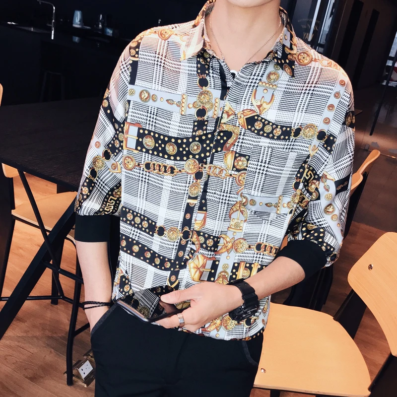 Повседневная Новая приталенная рубашка смокинг с принтом для мужчин Camisa Masculina