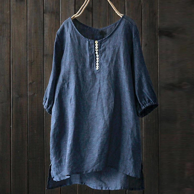 

Womens Vintage Cotton Linen Shirt Oversized Loose Baggy Tunic Tops Tee Blouse