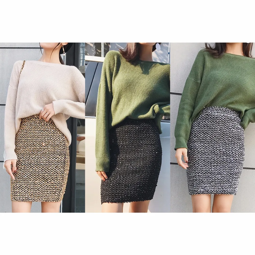 Womens Skirts Gold Sequined Mini Skirt Bodycon Pencil Skirt Short Wrap Skirt for Office Lady Party Girl Saia