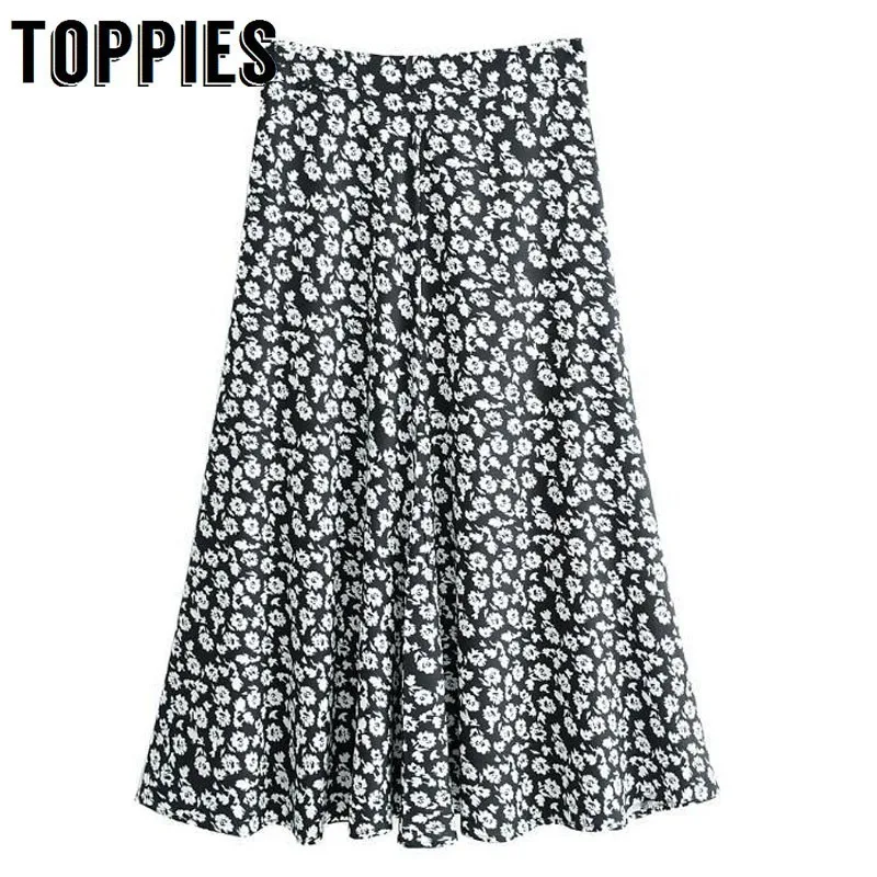 

2019 Spring White Flower Printing Long Skirt Retro Vintage High Waist Black Skirts Womens faldas mujer moda