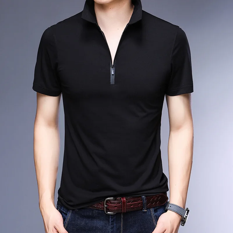 Мужская рубашка поло летняя тонкая однотонная Модная брендовая дизайнерская хлопковая рубашка поло с воротником на молнии Мужская рубашка поло с коротким рукавом