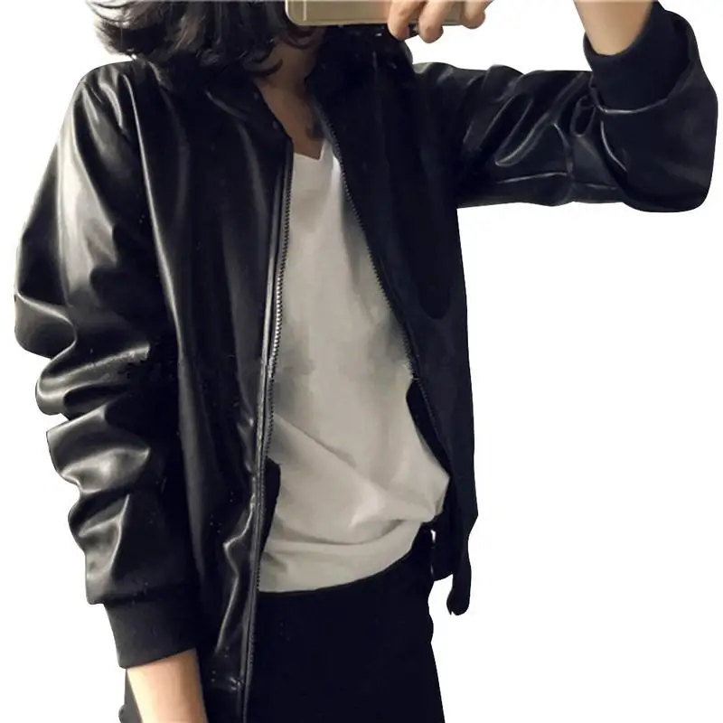 Leather Casual Jacket Coat Women Round Neck Solid Simple Cool Street Style Black PU Jacket Coat Women Europe And American Style Leather Casual Jacket Coat Women Round Neck Solid Simple Cool Street Style Black PU Jacket Coat Women Europe And American Style