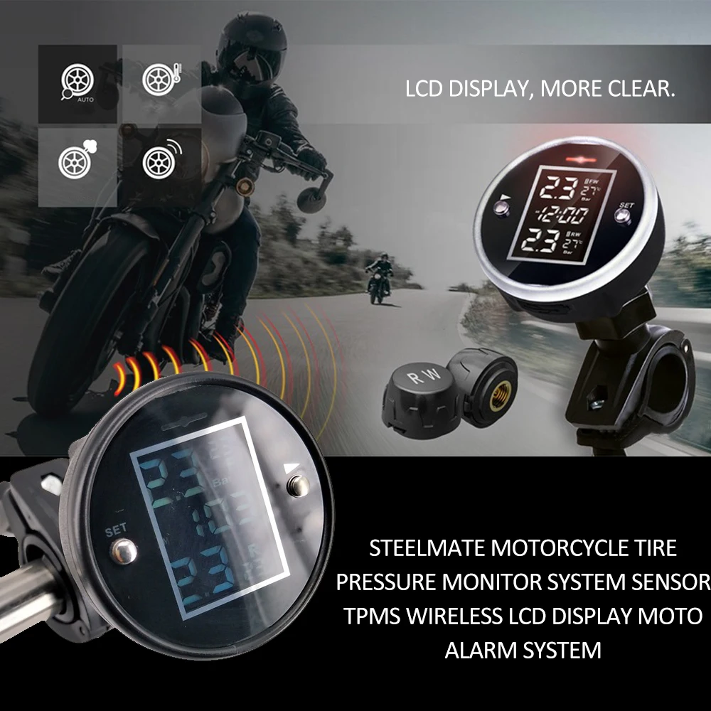 

Steelmate Motorcycle Tire Pressure Monitor System Sensor TPMS Wireless LCD Display Moto Alarm System Auto Accessories