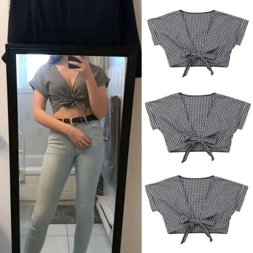 

2019 Women Lady Wrap Crop Top Black Plaid T-Shirt Summer Beach Bikini Cover UP V Neck top