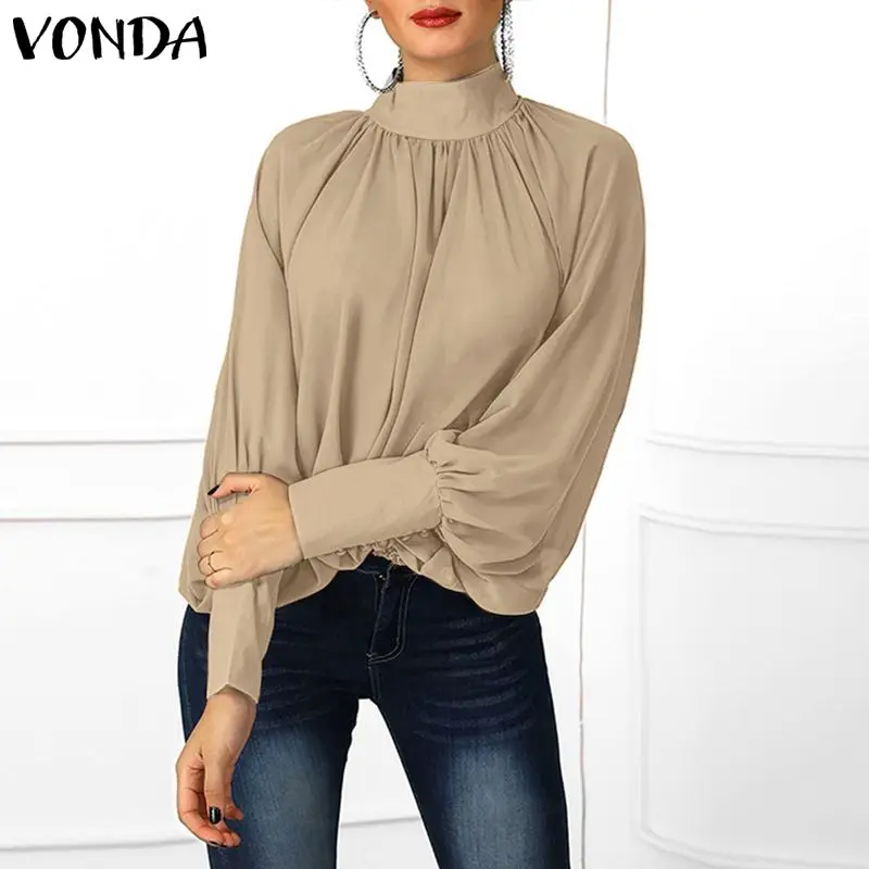 Новинка VONDA, женские блузки,, Осенние сексуальные Блузы с длинным рукавом-фонариком, рубашки с высоким воротом, элегантные пуговицы, повседневные свободные топы размера плюс