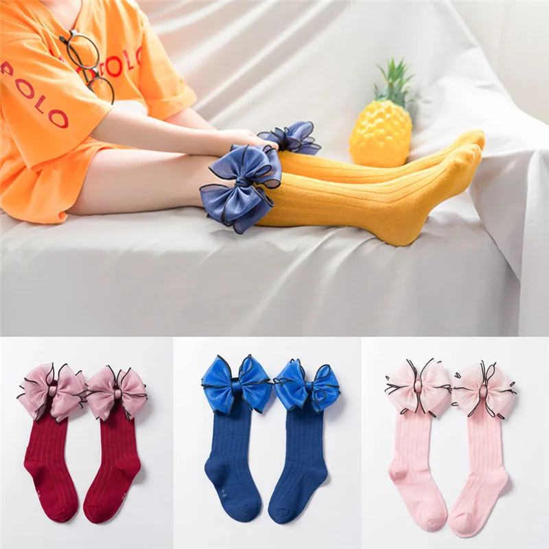 

2019 Cute Love Girl Kid Socks Knee High Bows Soft Cotton Princess Sock Long Tube Striped Calcetines For Girl 6 Kinds Style