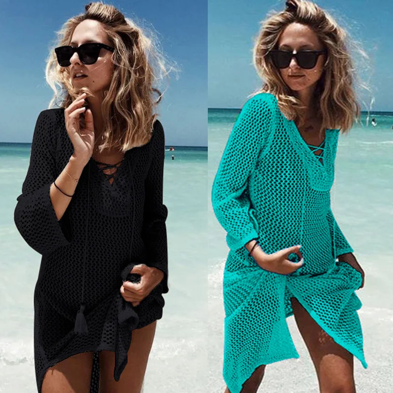 

2018 New Beach Cover Up Bikini Crochet Knitted Tassel Tie Beachwear Summer Swimsuit Cover Up Sexy See-through Beach Dress