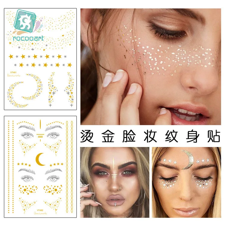 

Rocooart Gold Face Tattoo Freckles Make Up Fake Tattoo Eye Flash Taty Body Art Waterproof Temporary Tattoo Stickers Party Tattoo