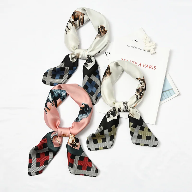 

2019 New 70*70cm Cute Smooth Soft Dog Cartoon Print Silk Scarf Summer Spring Small Neckerchief Square Scarf Hijab Women