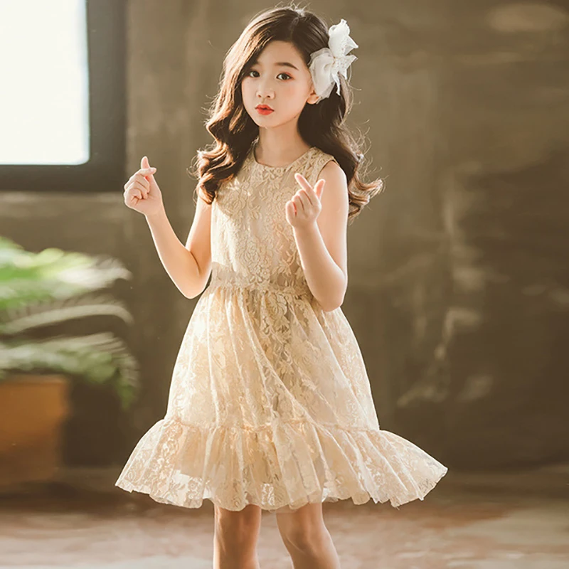 2019 Kids Summer Dress for Girls 6 8 10 to 12 14 Years Sleeveless Flower Print Lace Dresses Children Casual Clothes B13A1A | Детская