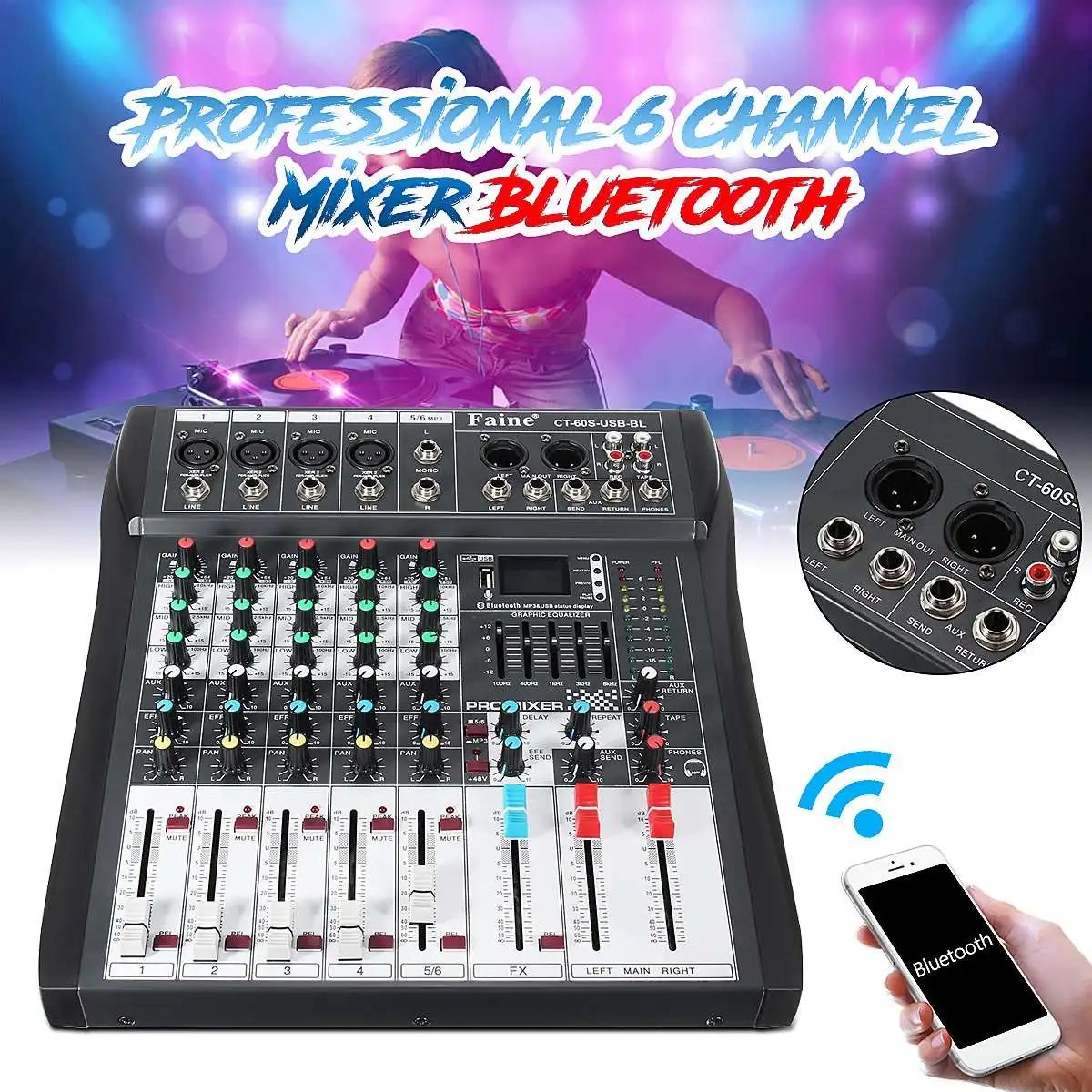 

LEORY bluetooth 6 Channel DJ Mixer audio Professional Controller DJ Mezclador Console With USB LED Screen Digital Amplifier