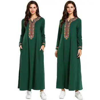 

Women Muslim Ethnic Embroidery Dress Hippie Long Maxi Kaftan Robe Gown Vintage Pockets Casual Loose Ramadan Islamic Fashion New