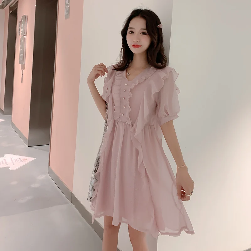 

2019 summer short sleeve maternity dress short lantern sleeve ruffles collar high waist pregnant women chiffon dress black/pink