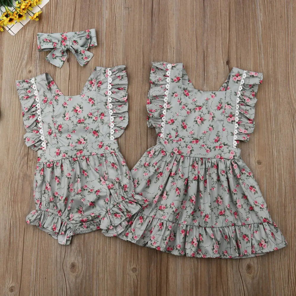 

Toddler Kids Baby Girl Clothes Sister Matching Floral Romper Dress Summer Ruffles Sleeveless Floral Sisters Outfits