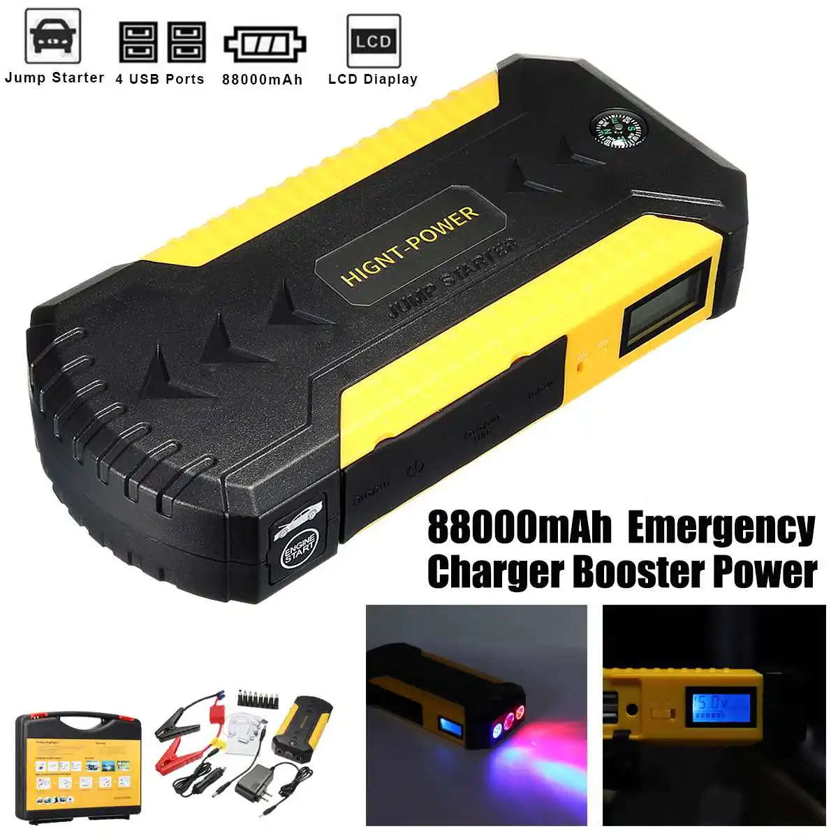 Multifunction Jump Starter 88000mAh 12V 4USB 600A Portable Car Battery Emergency Charger Power Bank Booster Starting Device