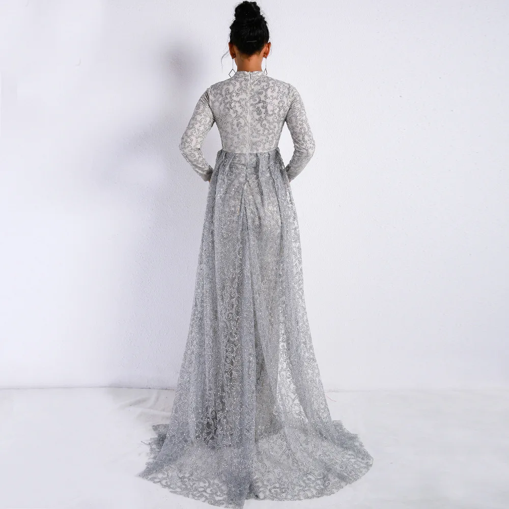 Vivian's Bridal 2018 Vitage Front Cut-out Detachable Train Beach Evening Dress Long Sleeve High Neck Sequin Lace Party Gown