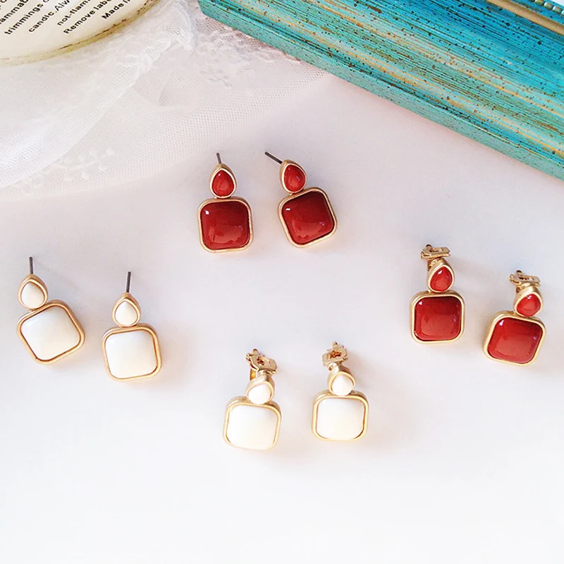 

Sale Vintage Simple White Red Earrings For Women Geometric Popular Classic resin Square Female Earrings Jewelry