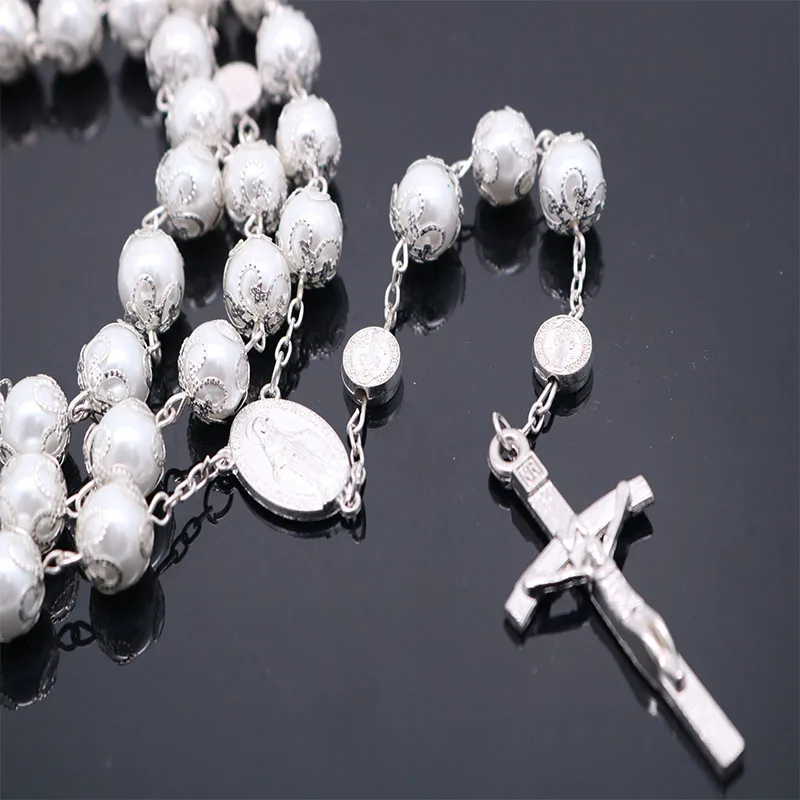 

New fashion .10MM pearl rosary necklace. Silver cross prayer beads necklace. Classic Mary Rose necklace.2pcs