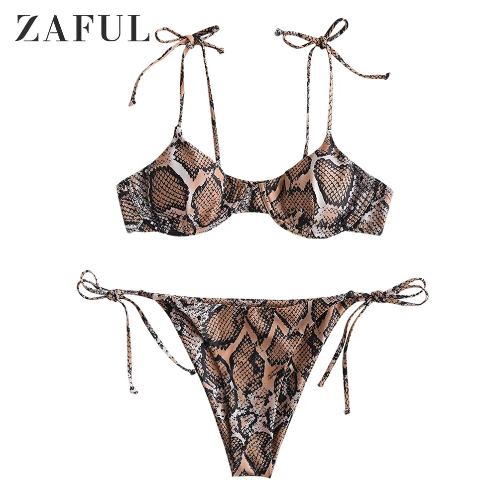 

ZAFUL Sexy Lady Summer Snake Print Tie Shoulder Underwire Bikini Set Spaghetti Strap Swimwear Women Low Waist Bikinis 2019 Mujer