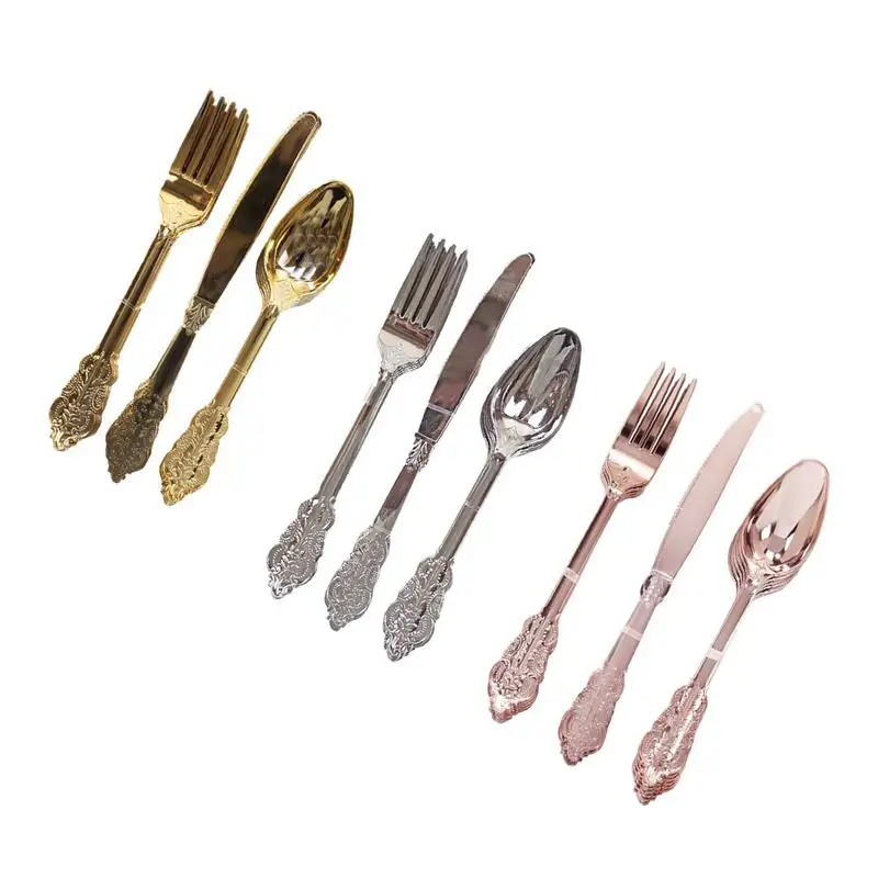 

18PCS Disposable Imitation Metal Plastic Gold Silver Carved Embossed Cutlery Western Wedding Party Tableware Kitchen Dinner Set