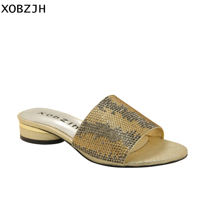 

XOBZJH Women Shoes 2019 New Flat Sandals Luxury Rhinestone Women Slippers Summer Party Gold Open Toe Ladies Shoe Plus Size Us11