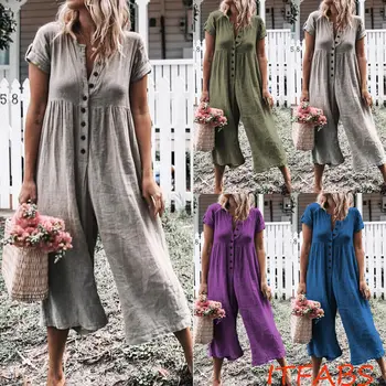 

New Women Ladies Fashion Casual Summer Jumpsuit Short Sleeve Solid Jumpsuit Loose Trousers Party Clubwear Plus Size