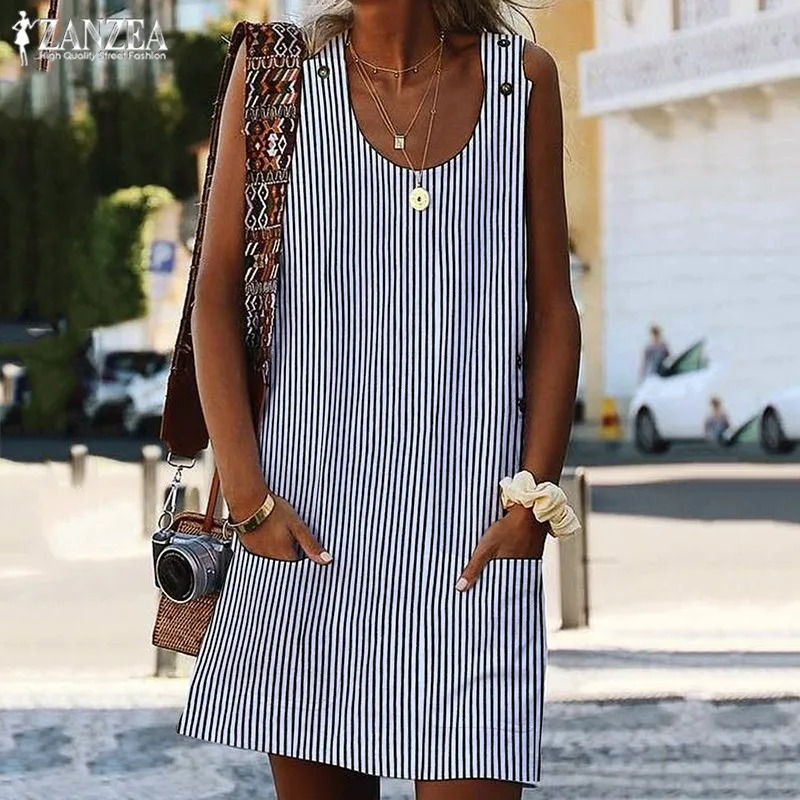 

Women's Striped Sundress 2019 ZANZEA Summer Dress Fashion Button Short Robe Femme Woman Party Dress Plus Size Sleeveless Vestido