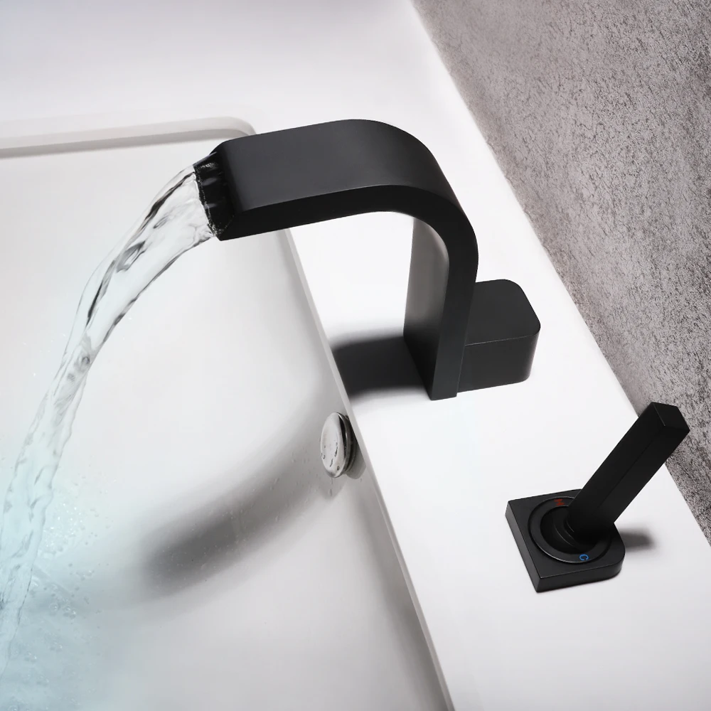 

SKOWLL Single Handle 2 Hole Waterfall Sink Faucet Bathroom Deck Mount Basin Sink Taps Matte Polished Matte Black