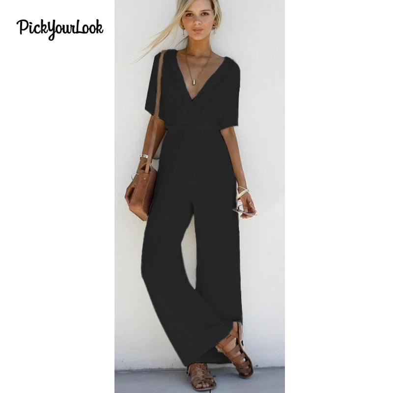 PickyourLook Deep V Jumpsuit Overalls combinaison femme 2019 Rompers Womens Jumpsuit Loose Sexy Jumpsuit Summer Wide Leg Romper