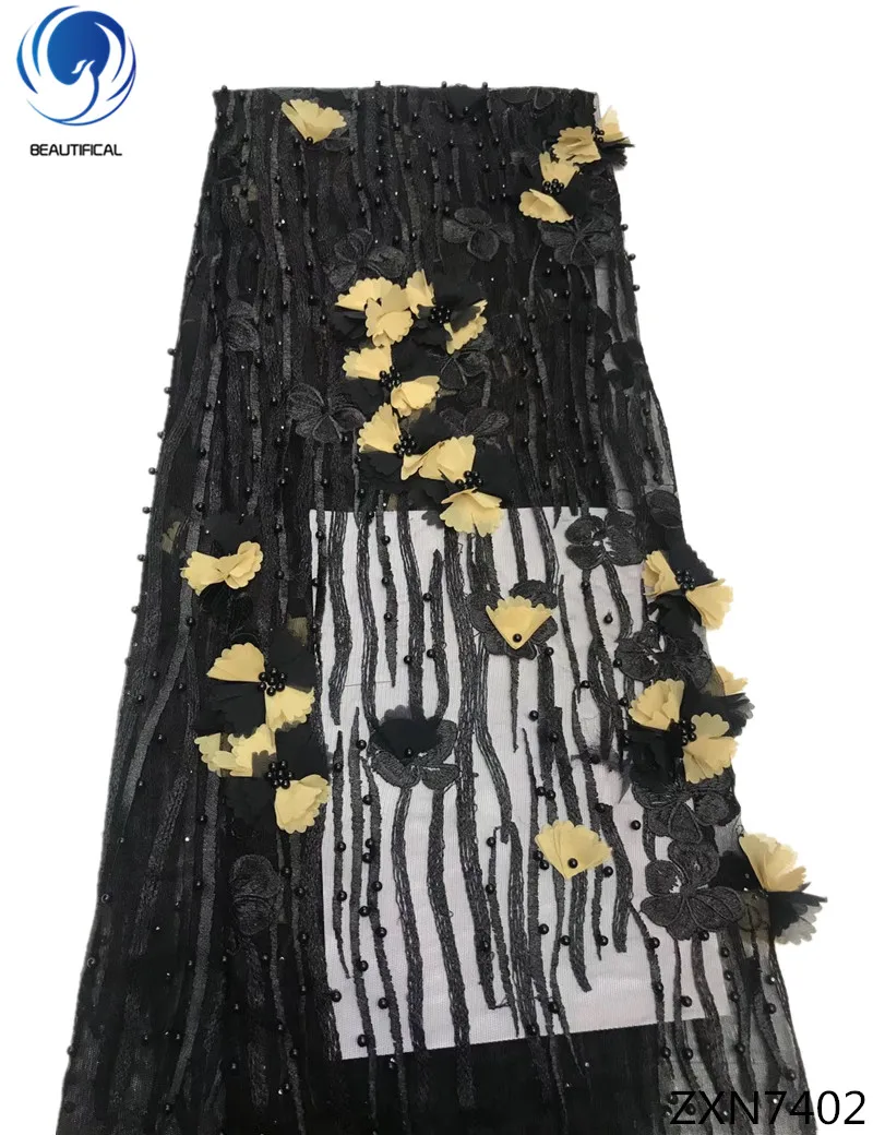 

BEAUTIFICAL 3d flowers lace fabrics new design african laces fabric with beads bridal fabrics dress 5yards/lot ZXN74