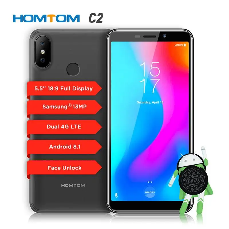 HOMTOM C2 5 &quotAndroid 8 1 2 GB + 16 Встроенная память Быстрая зарядка мобильного телефона Face ID