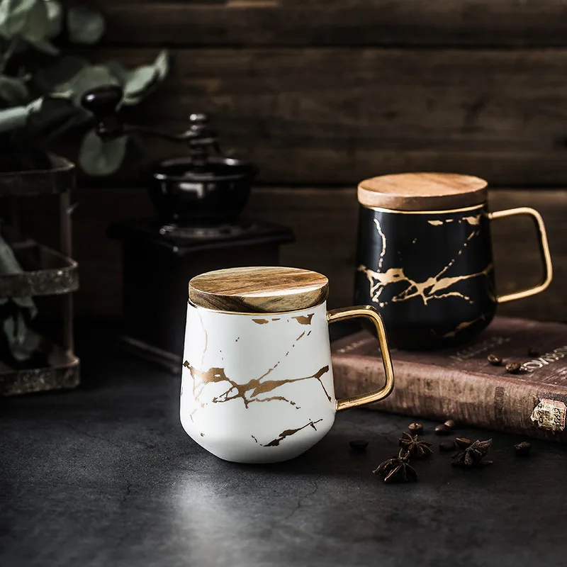 Мраморные с золотой инкрустацией керамические кофейные кружки с деревянной крышкой офисные чайные чашки подарки