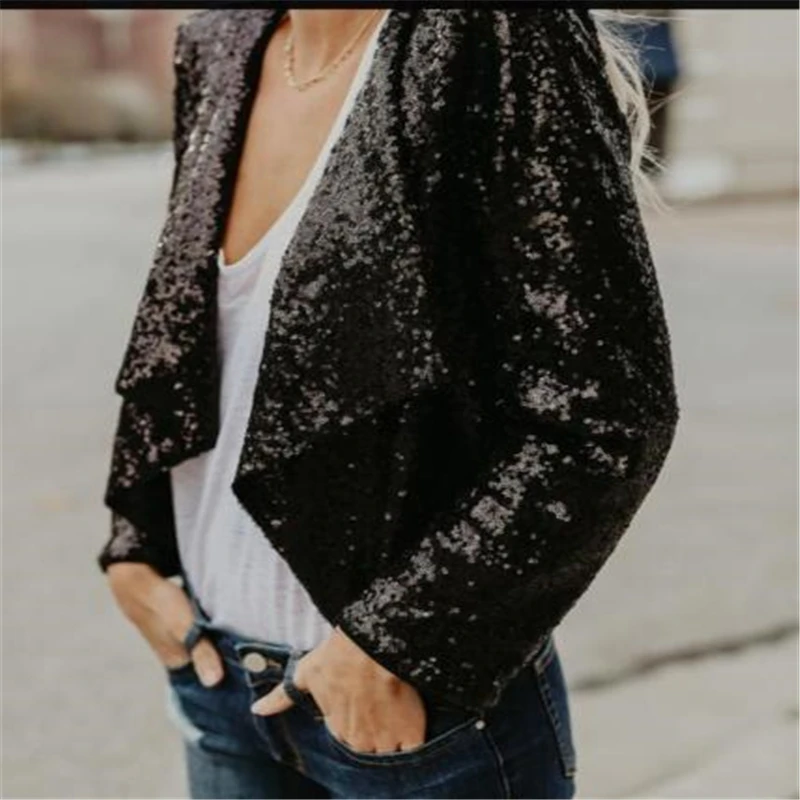Sequin Coat Jacket Women Fashion Open Stitch Spring Autumn