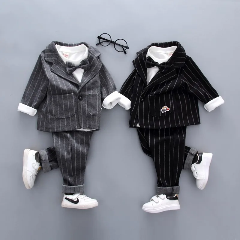 

2019 Spring Children Kid Tie Blazer Formal Cotton gentleman Casual Boy Suits Jackets T-Shirt Pants 3pcs/sets Grid Infant Clothes