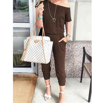 

2019 Women Summer Solid Ankle-tie Jumpsuit Cold Shoulder Casual Rompers Female High Street Vogue Short Sleeve Trouser Jumpsuits