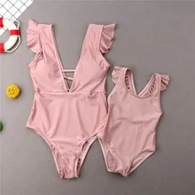 Swimwear For Mother Daughter One-Piece Suits Summer Family Matching Outfit Beachwear Ruffles Solid Padded Mokinis Bathing Suits