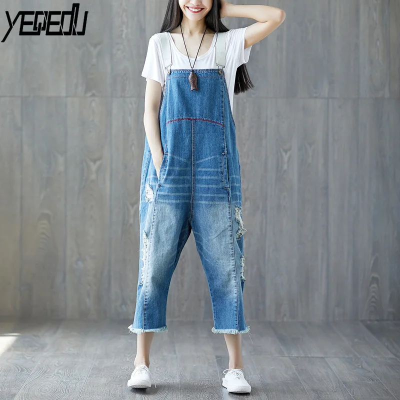 distressed denim jumpsuit