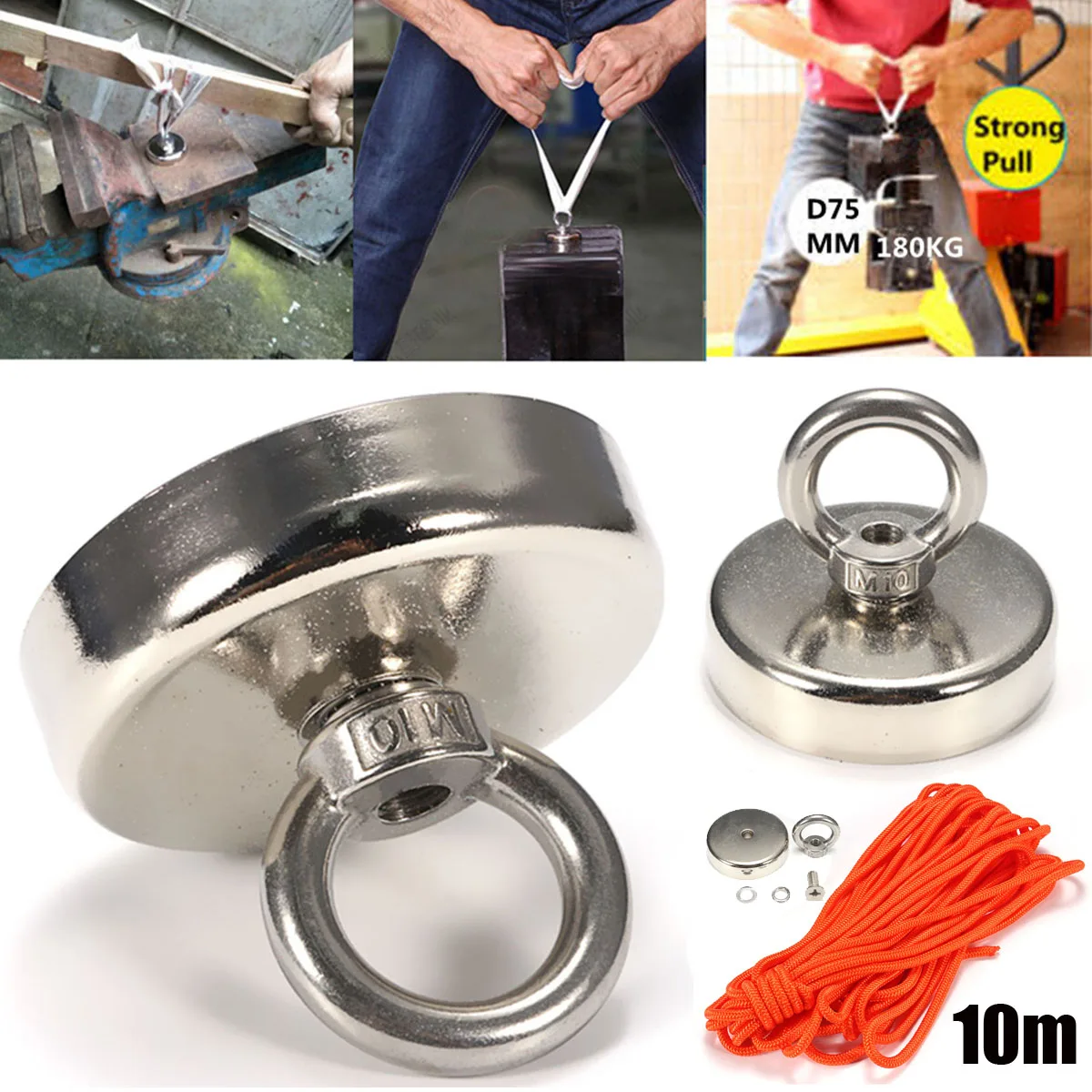 

162kg 75x63mm Neodymium Magnet Recovery High Power Fishing Treasure Hunting Detectors with 10 Meter Rope