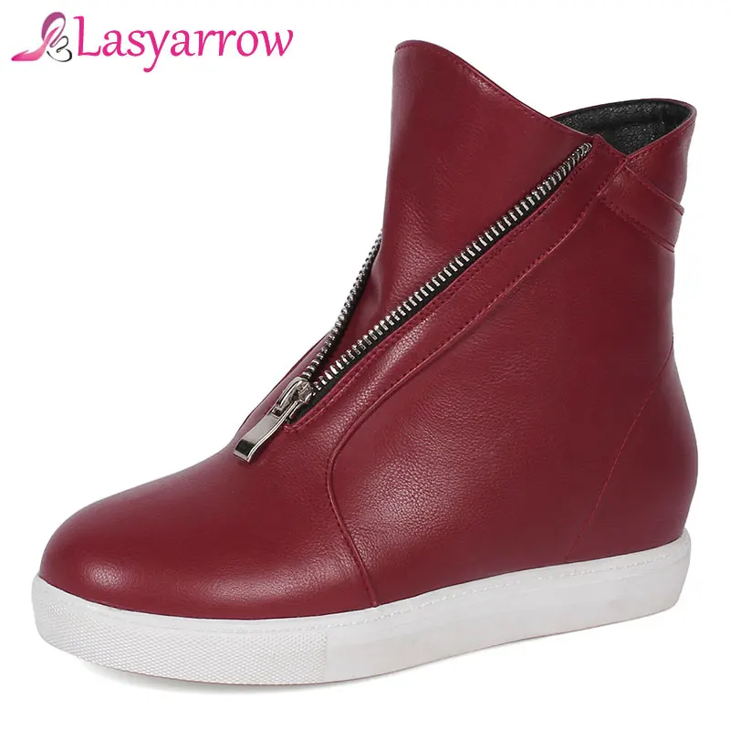 

Lasyarrow Zipper Botas Mujer Round Toe Flat Platform Heels Sapatos Femininas Fashion Winter Warm Plush Girl's Ankle Boots Ladies