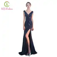 SSYFashion Sexy Slim Mermaid Evening Dress Deep V Collar Sequins High Slit Sleeveless Fishtail Prom Party Gown Reflective Dress