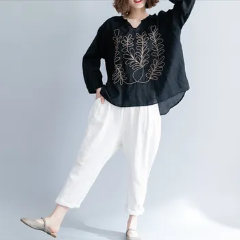 

New Arrival Spring Autumn Vintage Black Embroidery Thin Shirts Female V-Neck Long Sleeve Cotton Linen Loose Tops