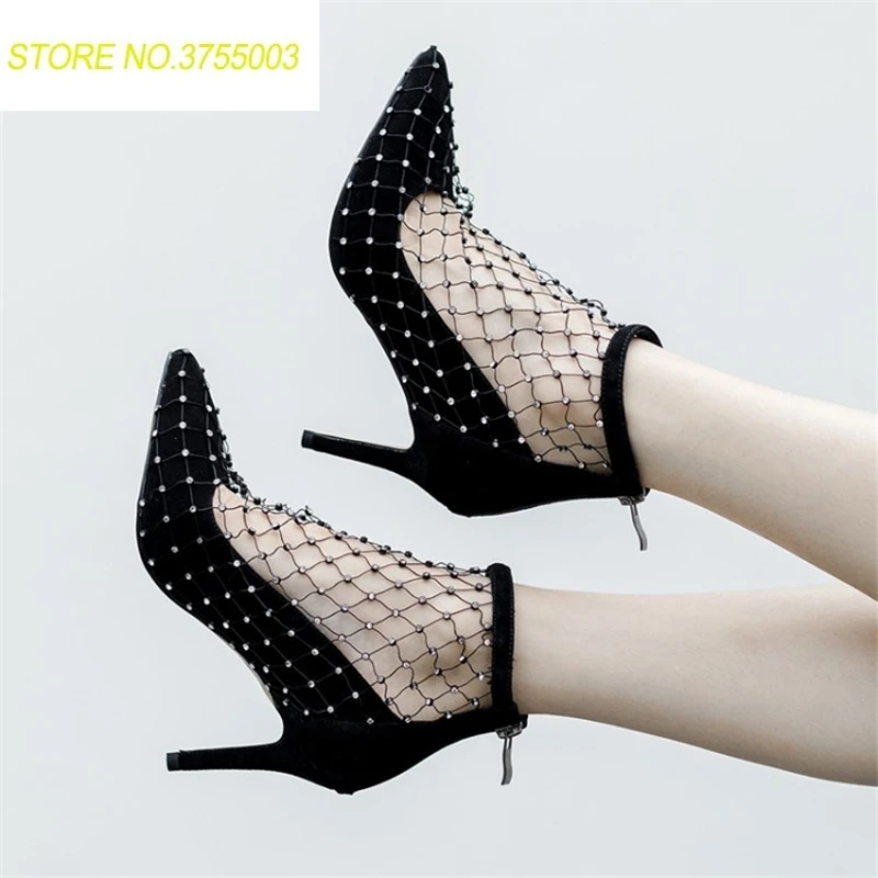 

2018 Spring sexy stilettos pumps air mesh crystal studded 9 cm high heels summer ankle boots gladiator sandals shoes for womens