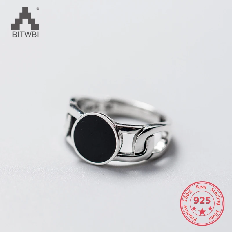 

Korea Hot Style 925 Sterling Silver Simple Retro Vintage Black Crystal Charn Open Ring Jewelry for Women Men