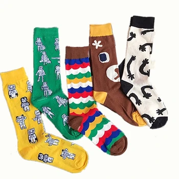 

PEONFLY 1 pair men socks color combed cotton men's socks casual with print knitting funny cartoon animal novelty crew socks gift